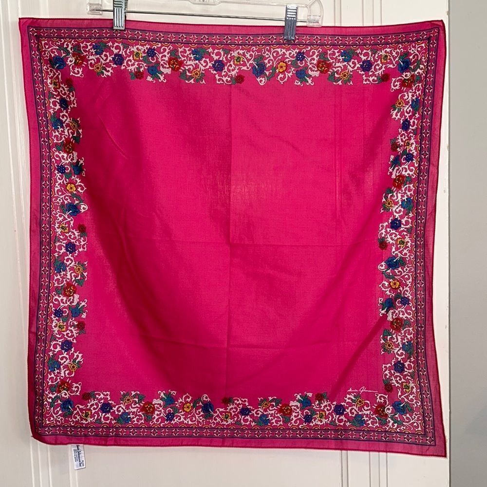 Vintage‎ 1987 Ginnie Johansen bright pink cotton square scarf/ paisley border